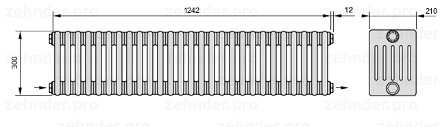 Схема (чертеж) Радиатор Zehnder Charleston 6030/27 №2670 Белый глянцевый RAL 9016